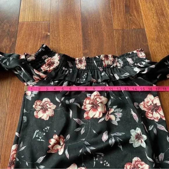 MISA Los Angeles Belva Blouse Off the Shoulder Black Velvet Bow Floral Satin - Picture 11 of 15